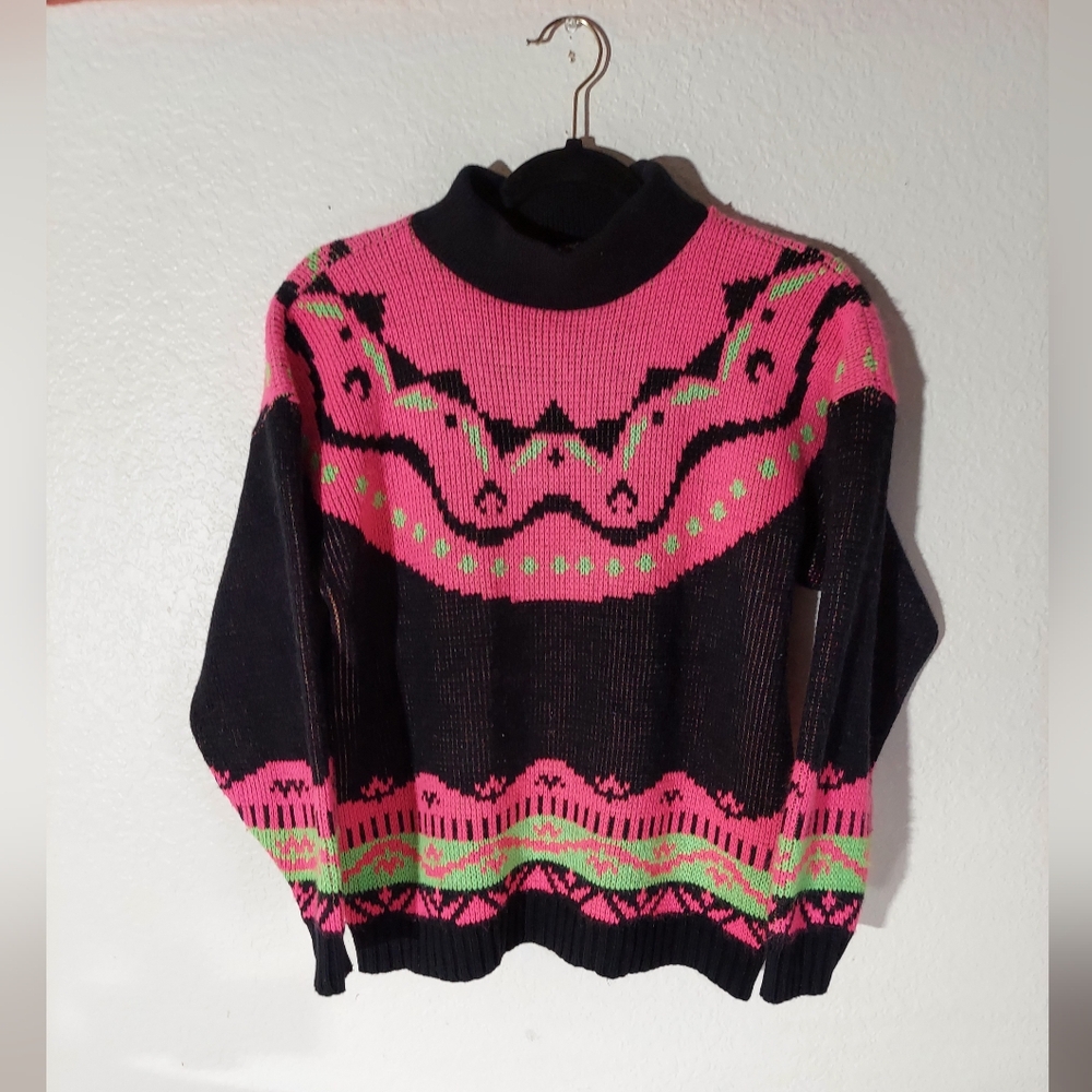 ADELE Knitwear Vtg Neon Hot Pink Black & Neon Green Mock Neck Sweater WM M/L